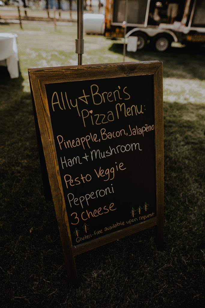 Ally and Brendan's pizza menu for their wedding reception in donnelly