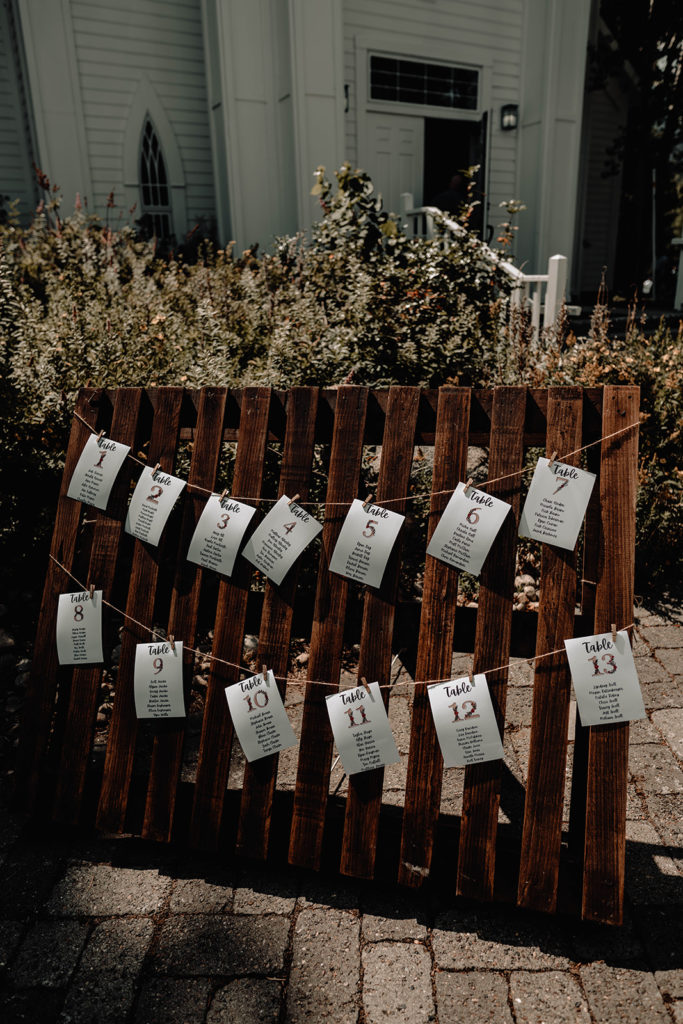 Classic wedding seating chart on wood pallet