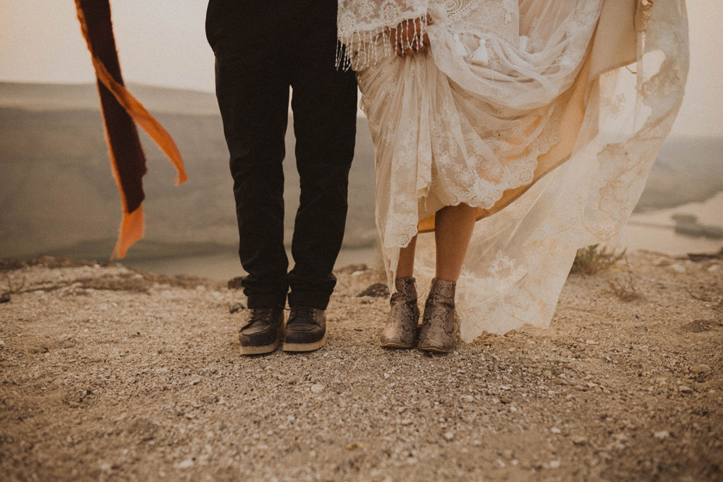 detail photo of brides shoes during their snake river canyon elopement